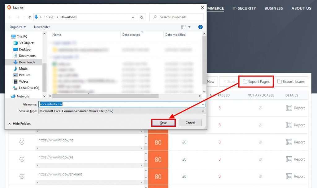 Using the "Export" button to export the page results of the analysis to a CSV file