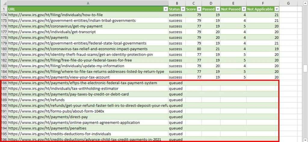 Results of an analysis imported into an Excel spreadsheet