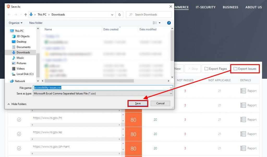 Using the "Export" button to export the per-page issues to a CSV file