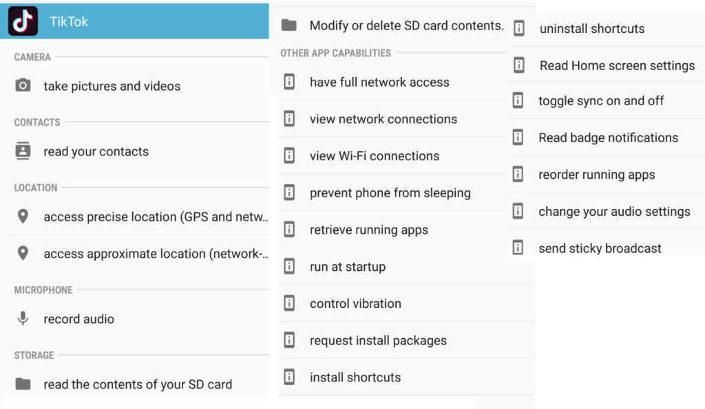 Image showing data that TikTok asks for access to on a mobile device