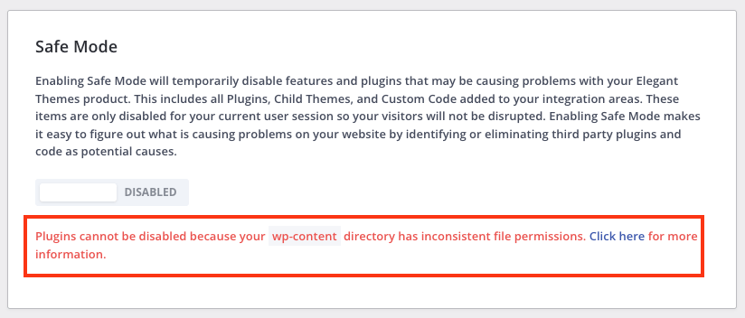 Example screenshot displaying a warning for Divi's "Safe Mode" that the file system is not writable