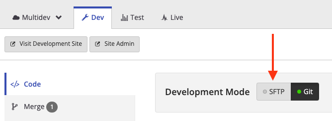 Example screenshot of setting the Pantheon Dev environment to SFTP connection mode