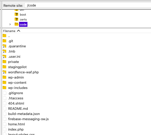 Screenshot of Filezilla displaying remote server WordPress core code root directory. Use this technique to help resolve the critical error message.