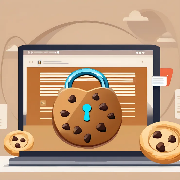 Session cookie concept image with a chocolate chip cookie superimposed on a padlock displayed in a browser window