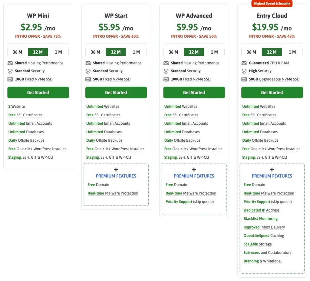 Scala Hosting pricing table