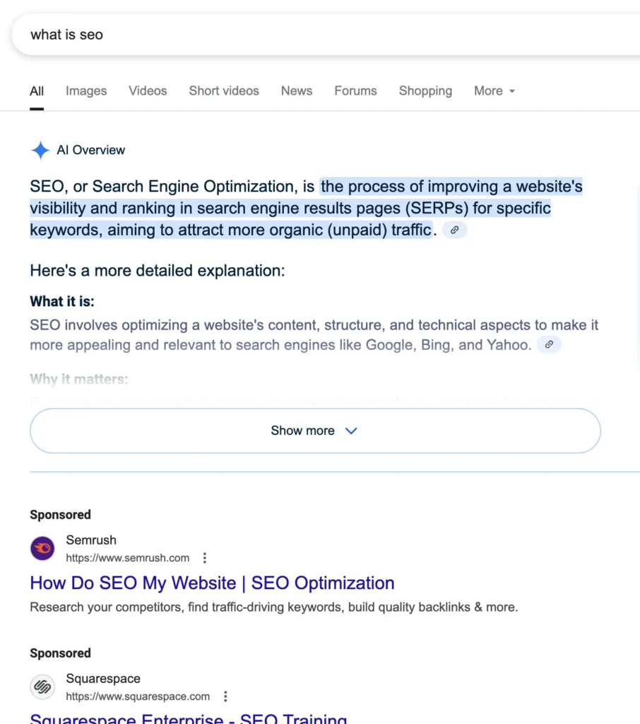 AI and SEO demonstrated in a Google search result