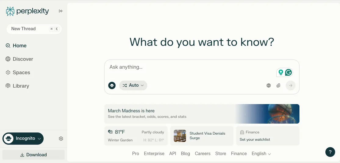 A screenshot of the Perplexity.ai website showing the interaction between AI and SEO