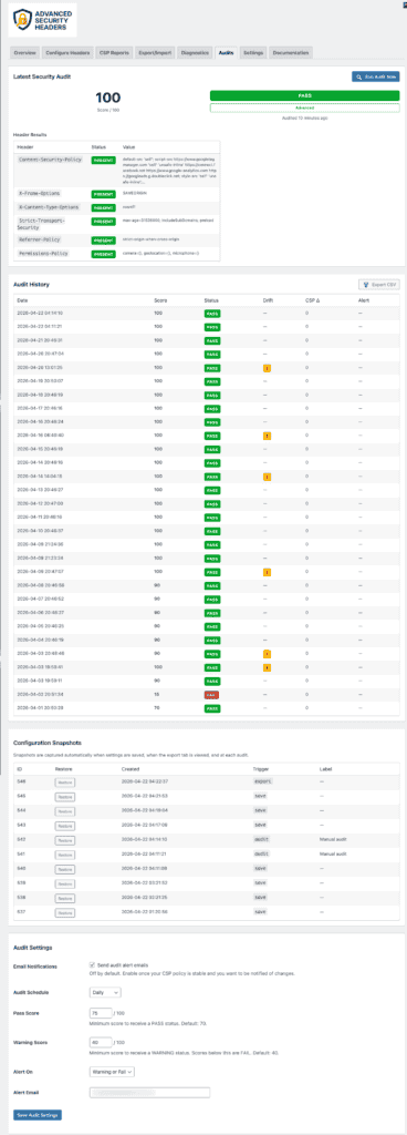 Screenshot of the Audits tab of the Advanced Security Header plugin