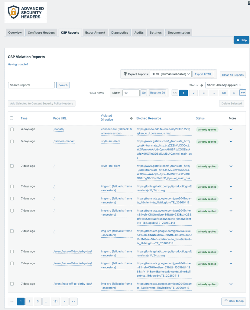 Screenshot of the CSP Reports tab of the Advanced Security Header plugin