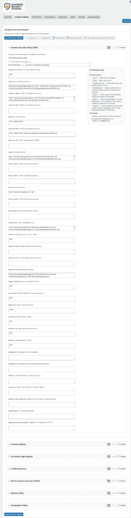 Screenshot of the Configure Headers tab of the Advanced Security Header plugin