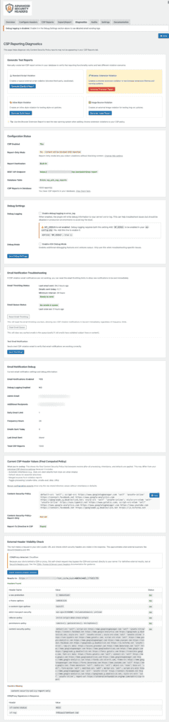 Screenshot of the Diagnostics tab of the Advanced Security Header plugin