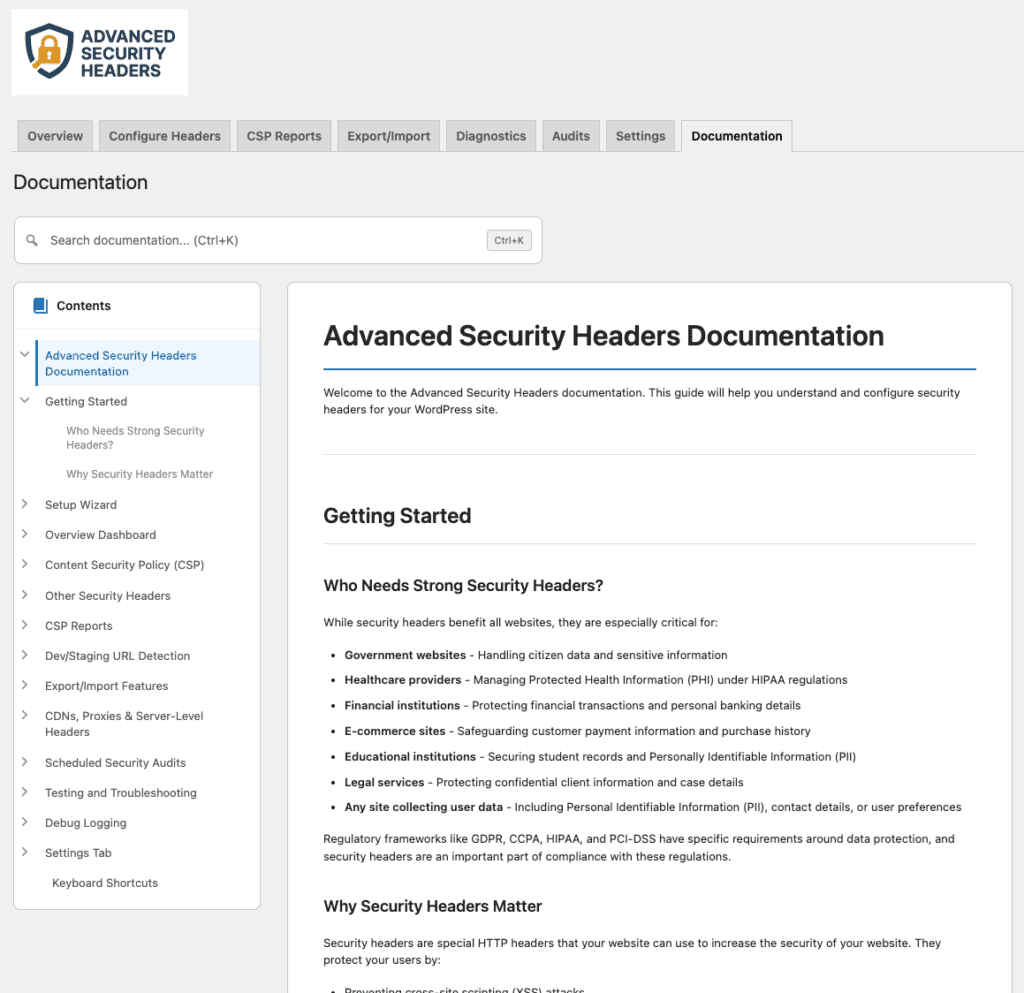 Screenshot of the Documentation tab of the Advanced Security Header plugin