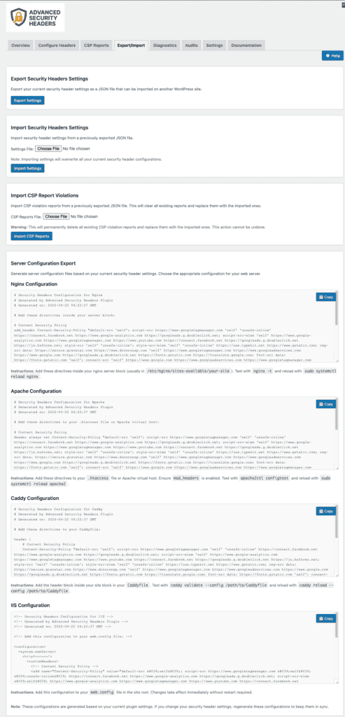 Screenshot of the Export/Import tab of the Advanced Security Header plugin