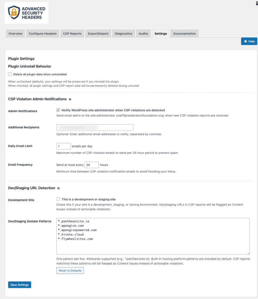 Screenshot of the Settings tab of the Advanced Security Header plugin