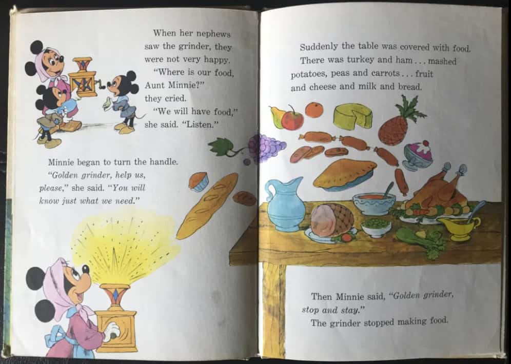 Illustration of Minnie asking the magic grinder to produce what they need