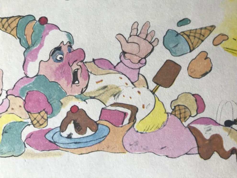 Illustration of Lord Gurr up to his ears in ice cream
